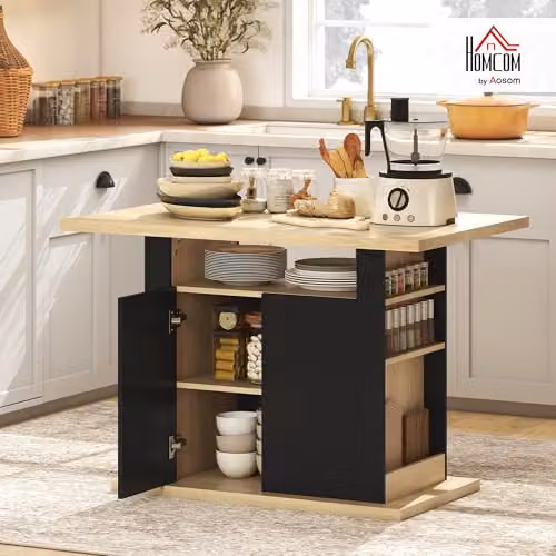 HOMCOM Modern Kitchen Island with Storage Cabinet and Internal Shelves, Black, W/D/H: 110 x 70 x 75.5 cm – 2