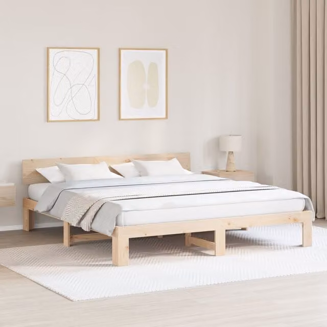 Berkfield Home Solid Pine Wood Bed Frame with Headboard, Beige, W/D/H: 200 x 200 x 66 cm