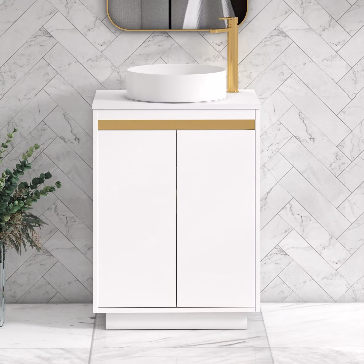 Royal Bathrooms Orion 2 Door Matt White Floor Standing Vanity Unit with Plain White Stone Countertop Basin and Brushed Brass Accent Trim