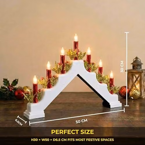Shatchi White and Red Plastic Candle Bridge Christmas Tabletop Decoration H30 x W50 x D6.5 cm – 3