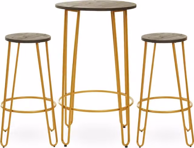 Orsina Set of 3 Modern Round Wood and Metal Bar Stools in Gold, Brown and Beige – 1