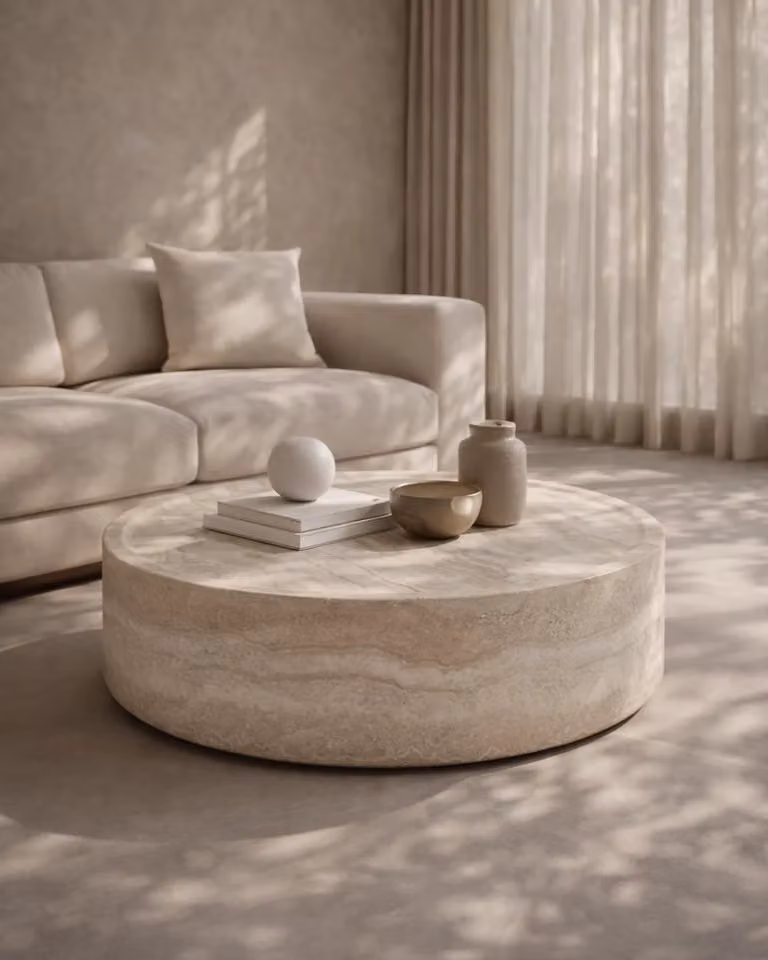 Tommy Franks Ciladro Large Round Coffee Table in Beige Faux Travertine, W/D/H: 110 x 110 x 31 cm