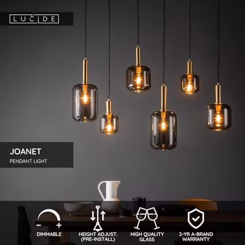 Lucide Joanet Dimmable Adjustable Bar Pendant Light in Grey with Glass Shades – 2