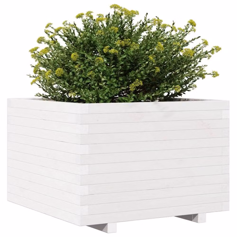 Berkfield Home Decorative Garden Planter Tub, White, Solid Wood, W: 70 cm, D: 70 cm, H: 49.5 cm – 2