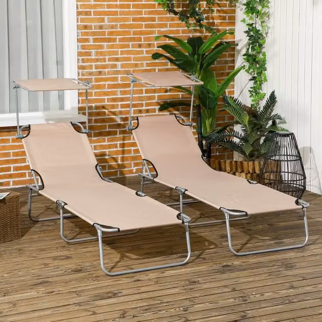 Outsunny Set of 2 Foldable Reclining Sun Loungers with Adjustable Awning in Sand and Brown