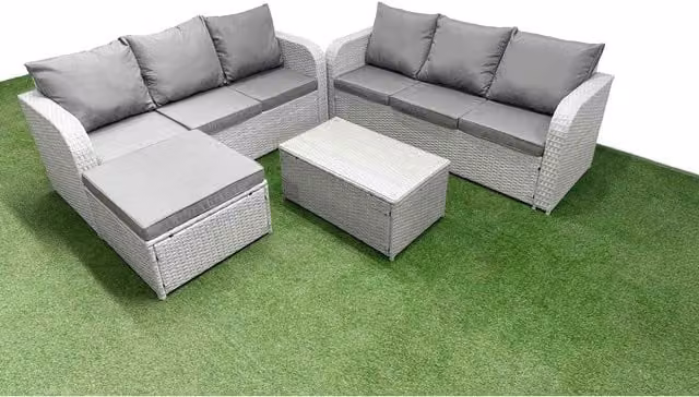 Fimous 7-Seater L-Shape Outdoor Rattan Sofa Set in Light Grey with Coffee Table and Ottoman