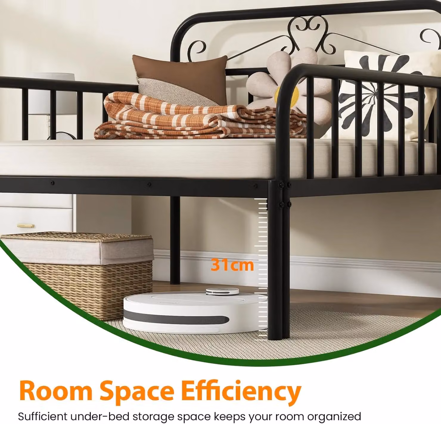 Gymax Extendable Single Metal Daybed Frame with Trundle and Slats Support in Black, W: 90 cm, L: 200 cm – 4