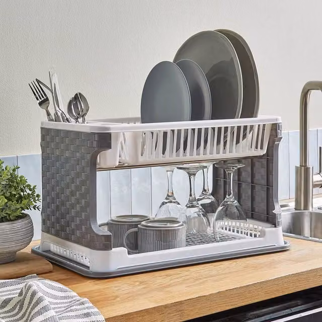 Clarsen 2-Tier Dish Drainer with Removable Drip Tray and Cutlery Holder in Grey and Multicolour – 1