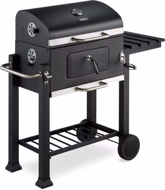 VonHaus Portable American Charcoal BBQ Cart with Warming Rack and Thermometer, Black