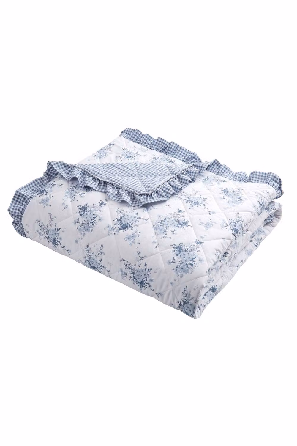 Catherine Lansfield Lucie Floral Frill Reversible Bedspread in White and Blue – 2