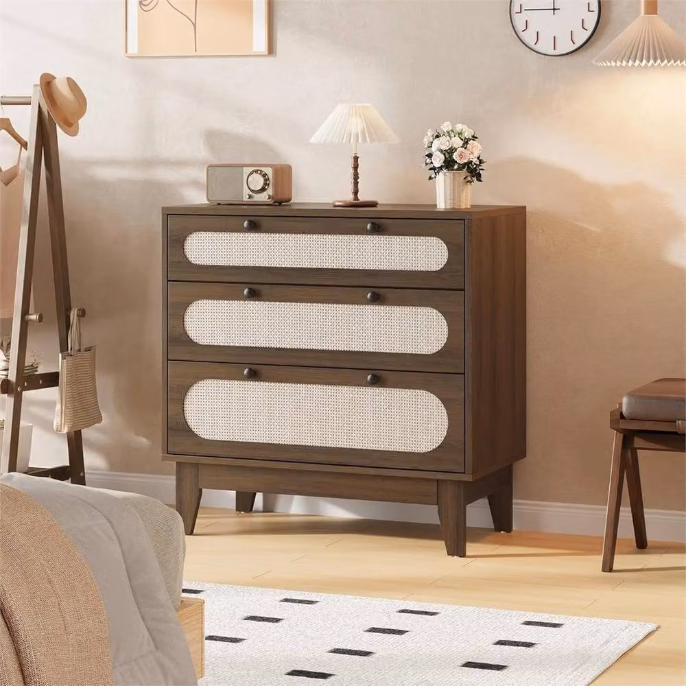 VOGREX 3 Drawer Mid-Century Rattan Bedside Table and Chest in Brown and Multicolour – 5