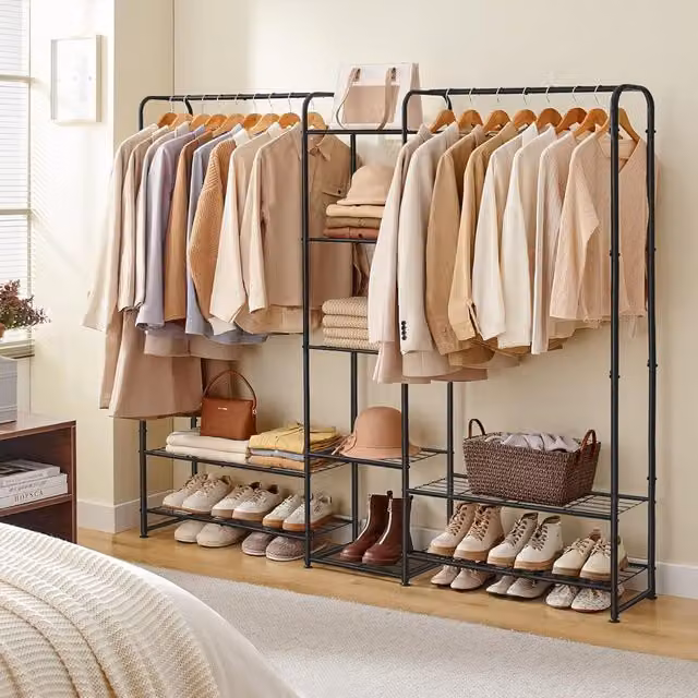 SONGMICS Modern Metal Clothes Rack and Open Wardrobe with Clothes Rail in Black