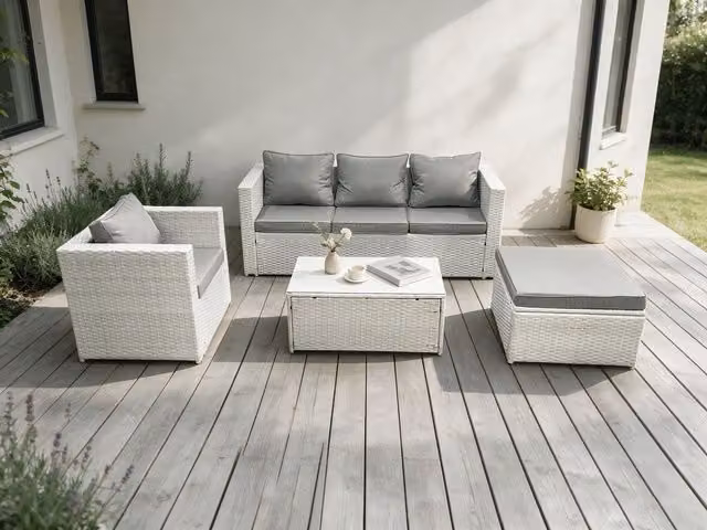 Fimous Light Grey Polyrattan Garden Furniture Set with 2-Seater Sofa, Armchairs, Coffee Table and Upholstered Cushions
