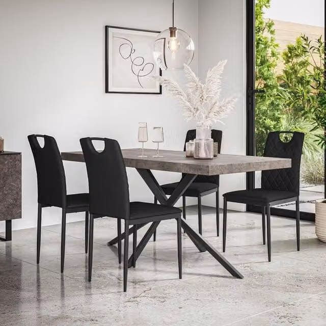 More4Homes Donni Dining Table and Monza Faux Leather Chair Set, Concrete Effect Grey Table with Black Legs and 4 Chairs, W/D/H: 160 x 80 x 76 cm – 1