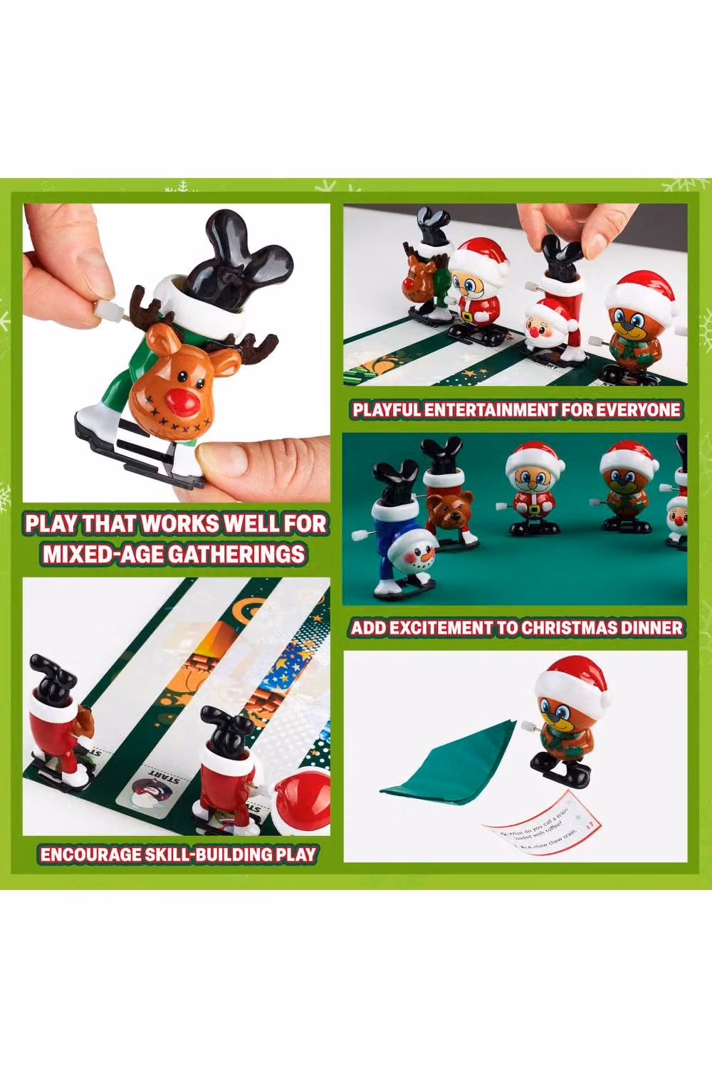 KreativeKraft Christmas Crackers Pack of 6 in Green and Multicolour with Mini Games and Wind Up Toys – 8