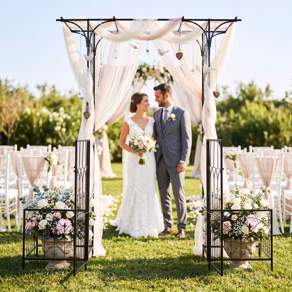 Gymax Metal Garden Wedding Arch with Gate, Planter Boxes and Side Plant Trellis in Black – 7