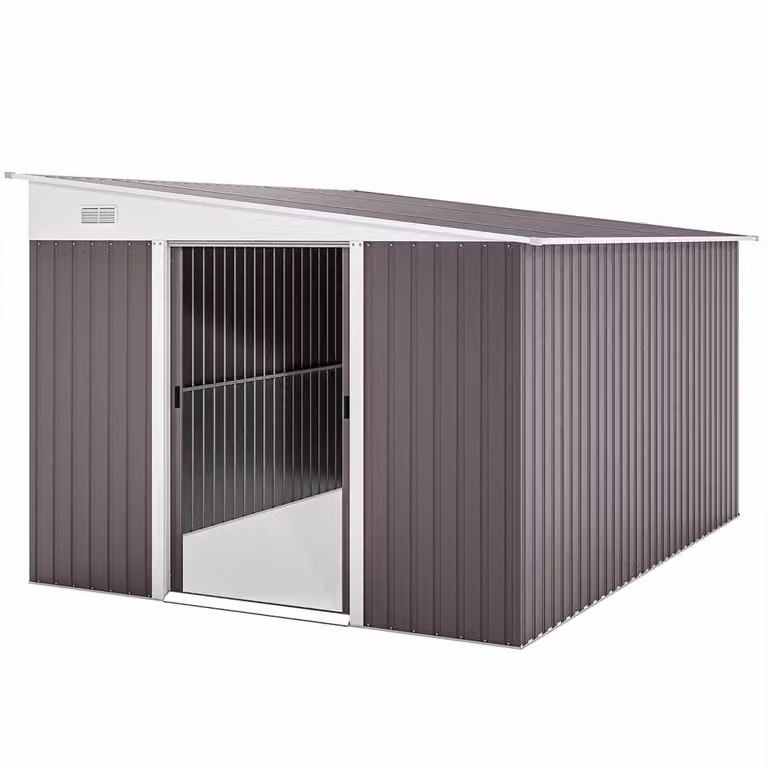 Rolipo Grey Metal Lean-To Pent Garden Shed with Sliding Doors