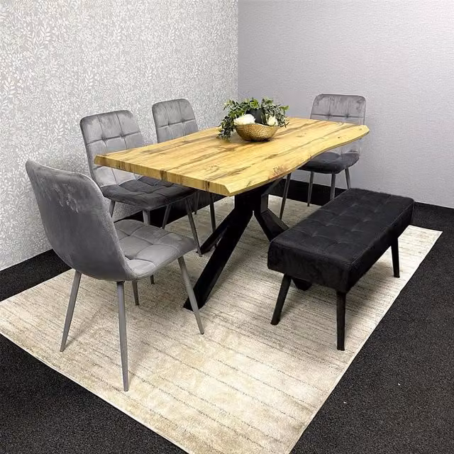 Kosy Koala Modern Grey Oak Effect Wood Dining Set with Rectangular Table, Bench and 4 Black Chairs
