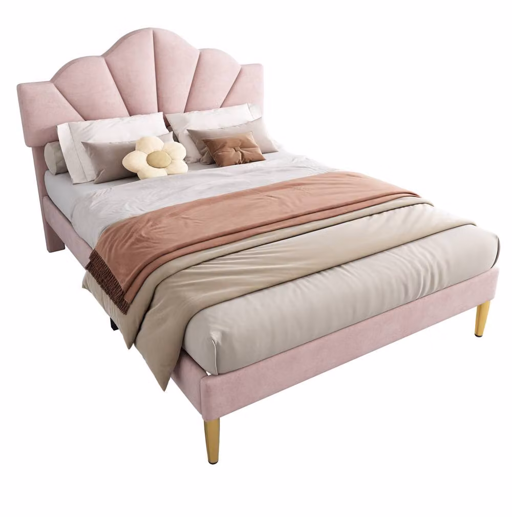 STILVORA Pink Velvet Double Bed with Adjustable Headboard and Gold Details, W/D/H: 140 x 200 cm – 2