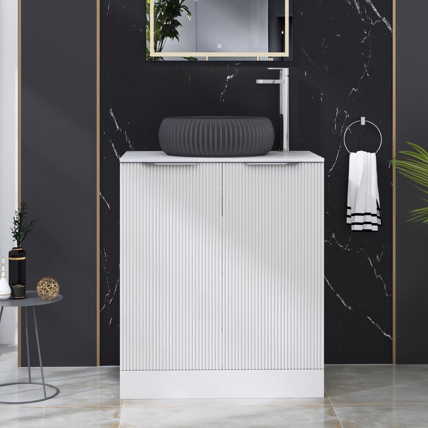 Royal Bathrooms Evora 700mm Matt White Fluted Floor Standing 2 Door Vanity Unit with Milan Black Stone Basin