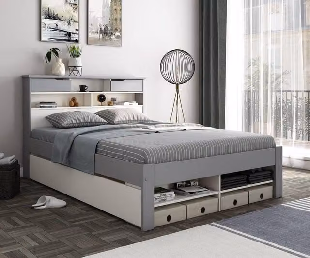 Bedmaster Fabio Grey Solid Wood Storage Bed with 2 Drawers, W/D/H: 180 x 200 x 105.6 cm