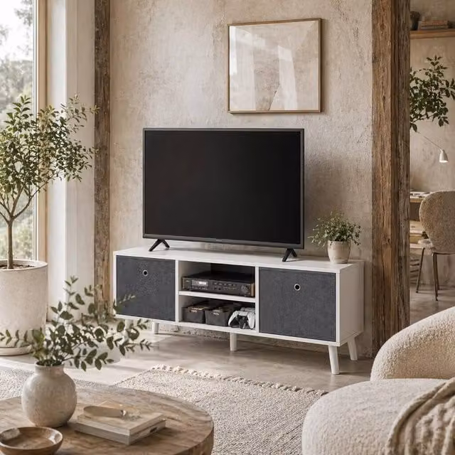 Wyld Haus Nirona Scandinavian TV Cabinet in White and Grey with Removable Fabric Drawers, Width: 110 cm – 1