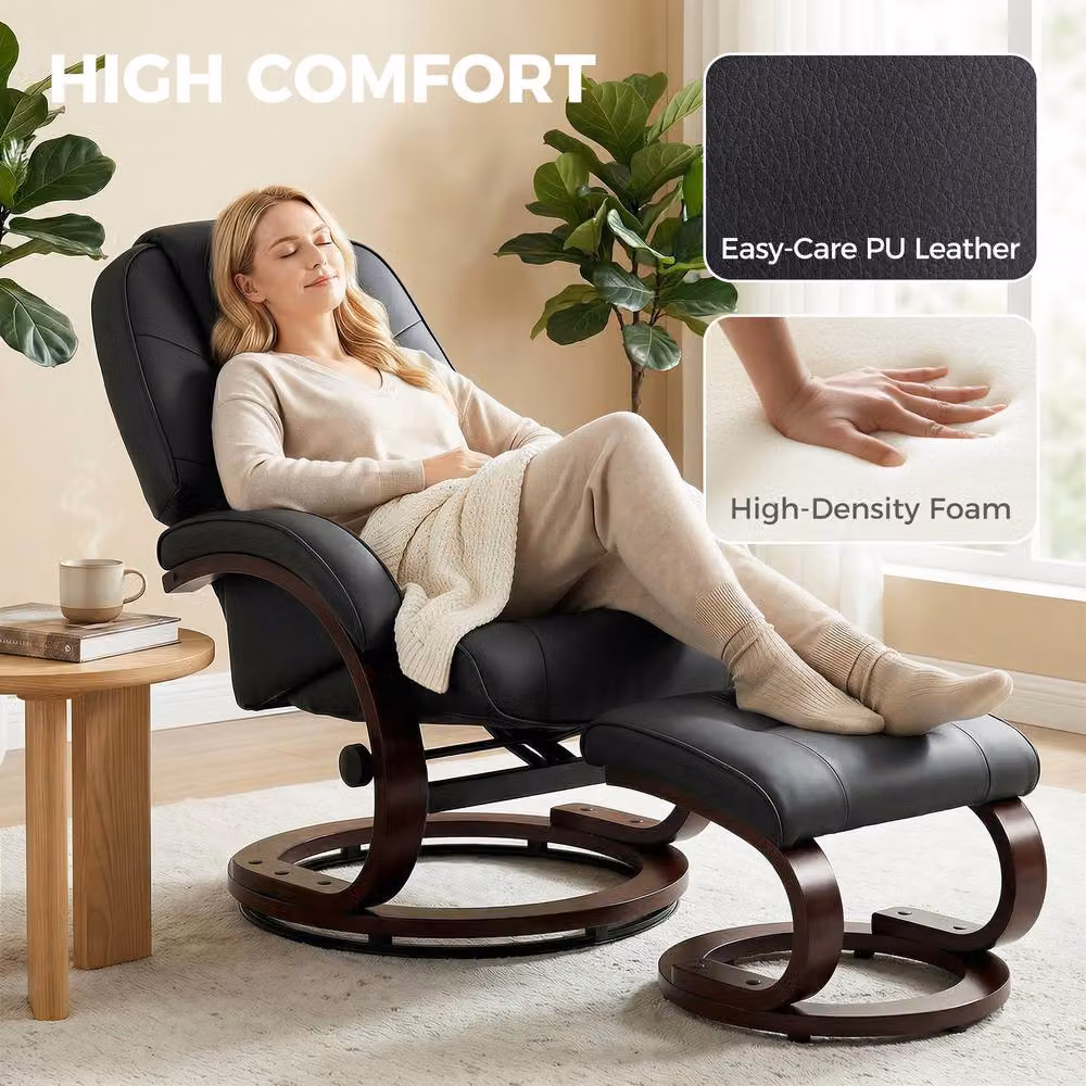 STILVORA Black Faux Leather Recliner Armchair with Footstool and 360 Degree Swivel Function – 8