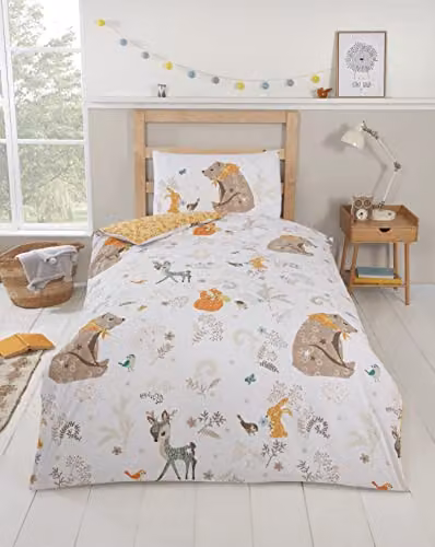Rapport Home Woodland Friends Childrens Polycotton Reversible Duvet Cover and Pillowcase Set, White, Duvet Cover: 135 x 200 cm, Pillowcase: 50 x 75 cm – 2