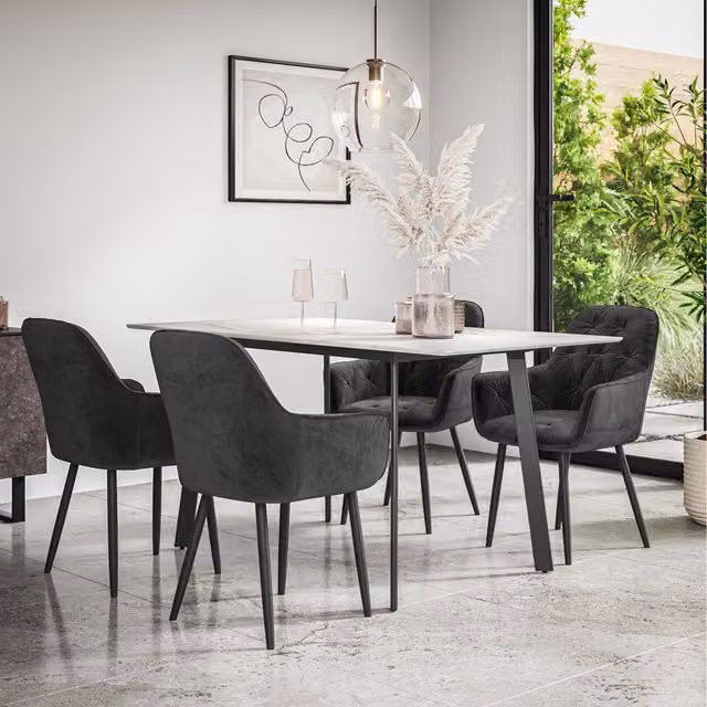 More4Homes Haydon Extending Marble Effect Dining Table Set with 4 to 6 Anika Velvet Chairs in Black and White, W/D/H: 120 x 80 x 76 cm