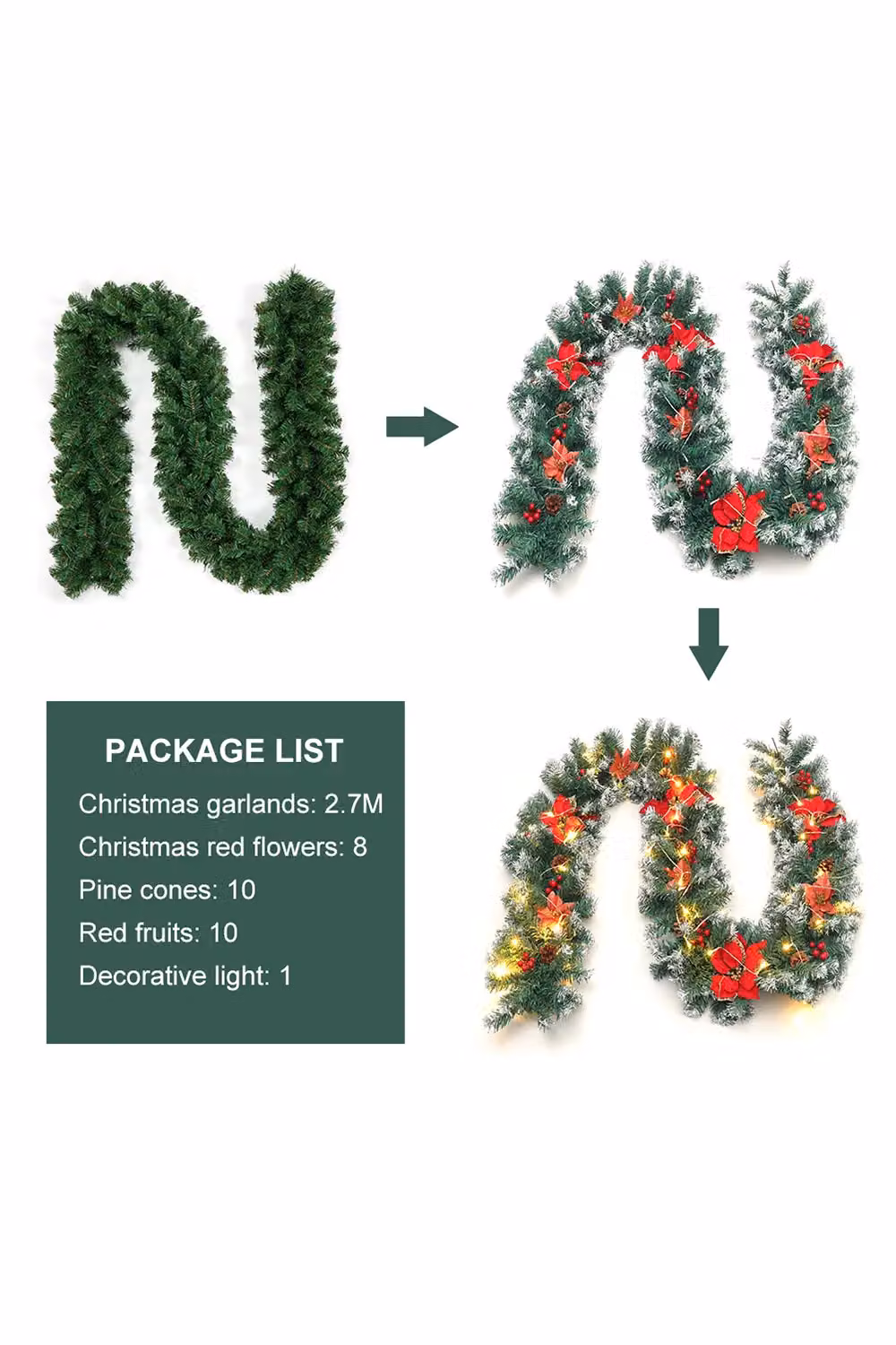 Living and Home 2.7m Christmas Garland with 50 LED Lights, Artificial Spruce with Pine Cones, Red Flowers and Berries in Green – 6