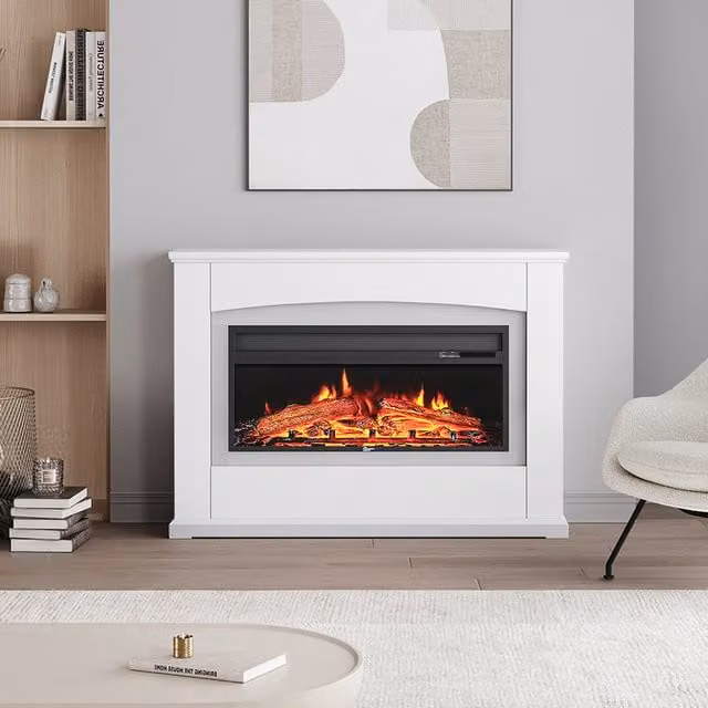Livingandhome Recessed Rectangular Electric Fireplace with LED Lighting and White MDF Surround