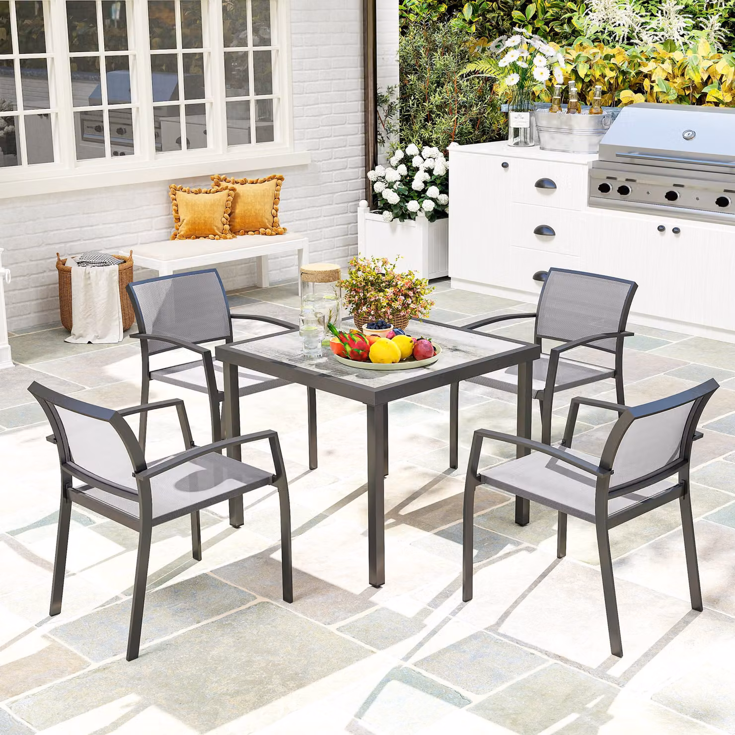 Outsunny 5 Piece Grey Garden Furniture Set with Square Table and 4 Stackable Armchairs featuring Powder Coated Steel Frame and Texteline Seats – 2