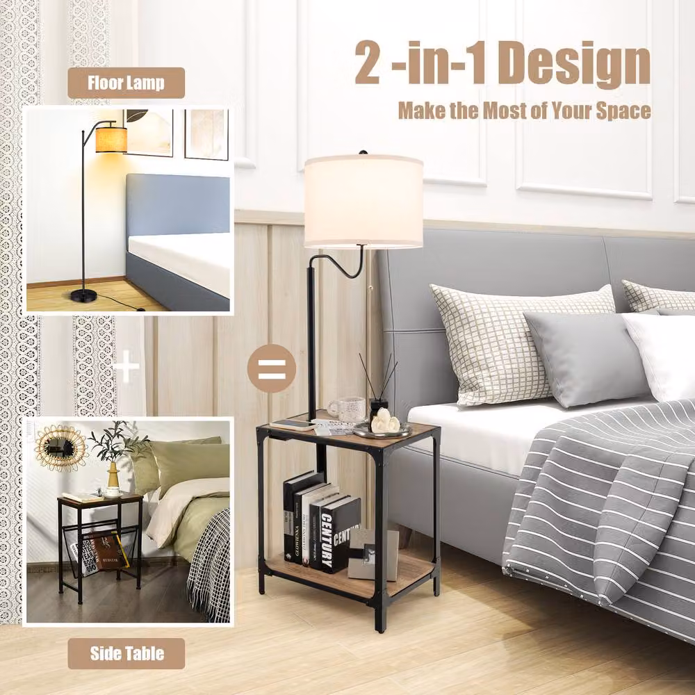 Costway Floor Lamp with Bedside Nightstand End Table and USB Charging Ports in Black – 2