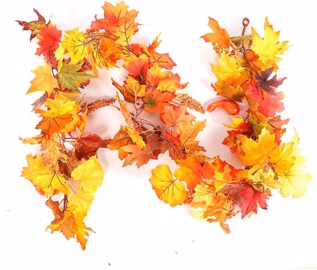 H&O Direct 1.8m Autumn LED Garland with Faux Maple Leaves and Pumpkin Decoration in Orange – 1