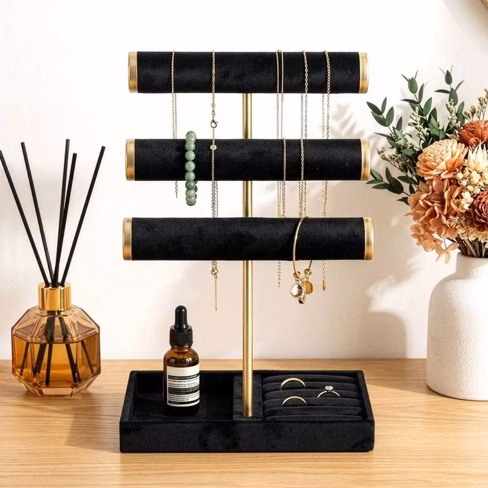 Kelvenix Black and Gold 3-Tier Jewelry Stand with Tray and Bracelet T-Bar – 5
