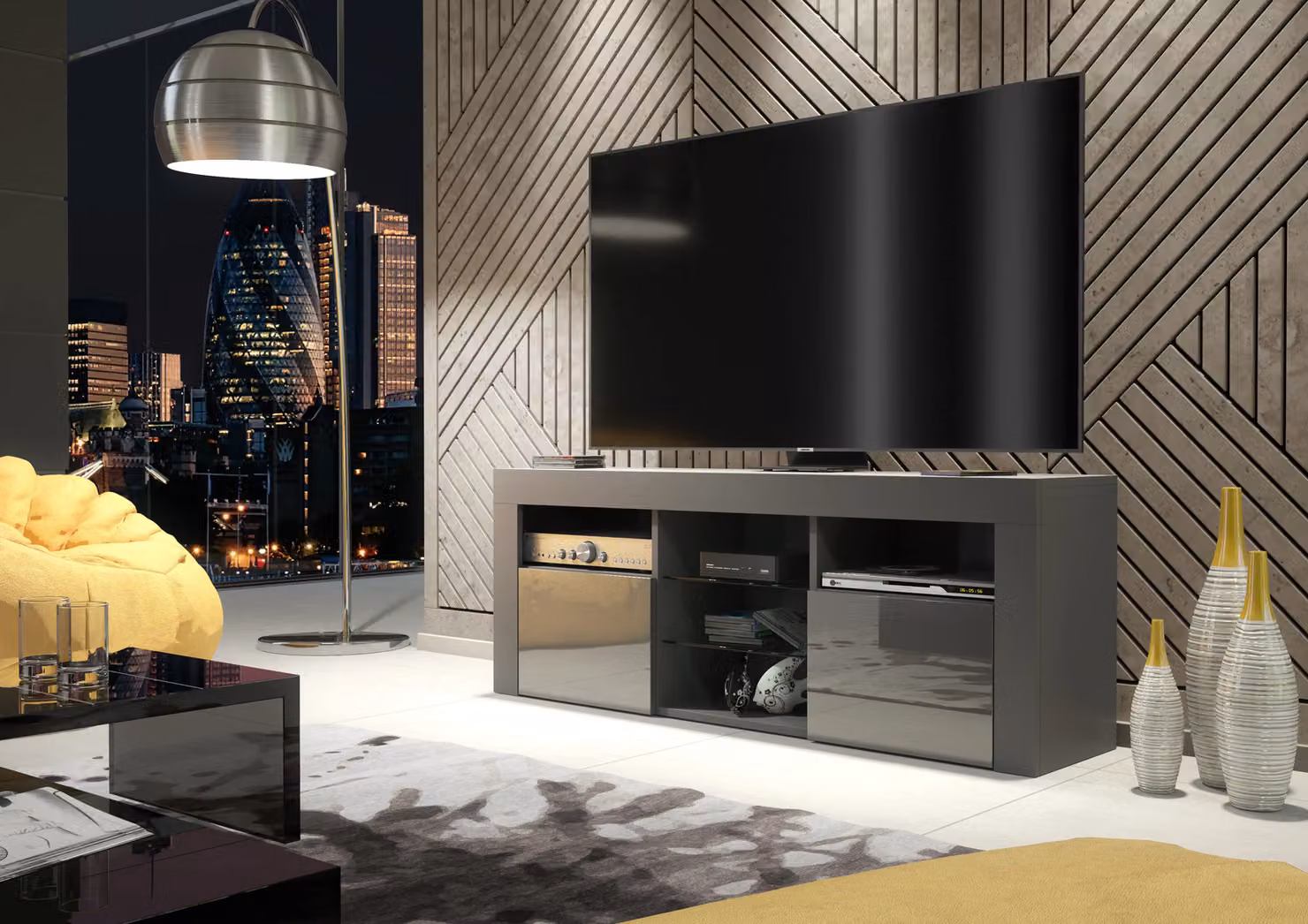 Creative Furniture Modern TV Unit in Grey with High Gloss Doors, W: 145 cm, H: 53 cm, D: 35 cm – 2