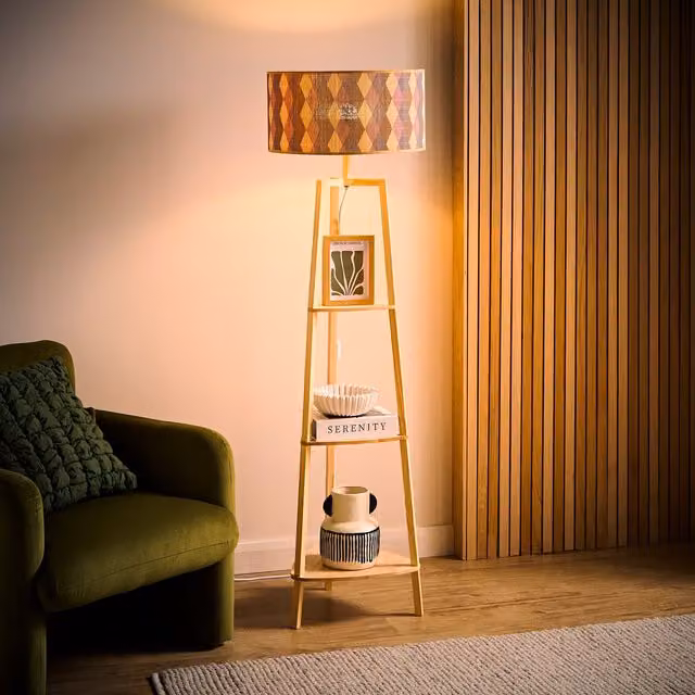 ValueLights Hiru Natural 3 Tier Wooden Shelf Floor Lamp with Bamboo Shade in Multi Colour