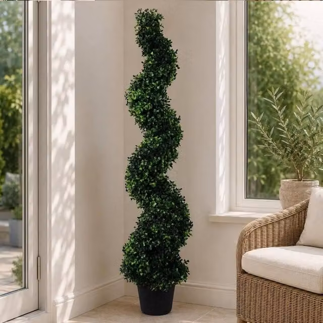 Leaf Botanik Premium Artificial Natural Boxwood Spiral Topiary Tree in Green, Height: 120 cm, Width: 40 cm, Depth: 40 cm
