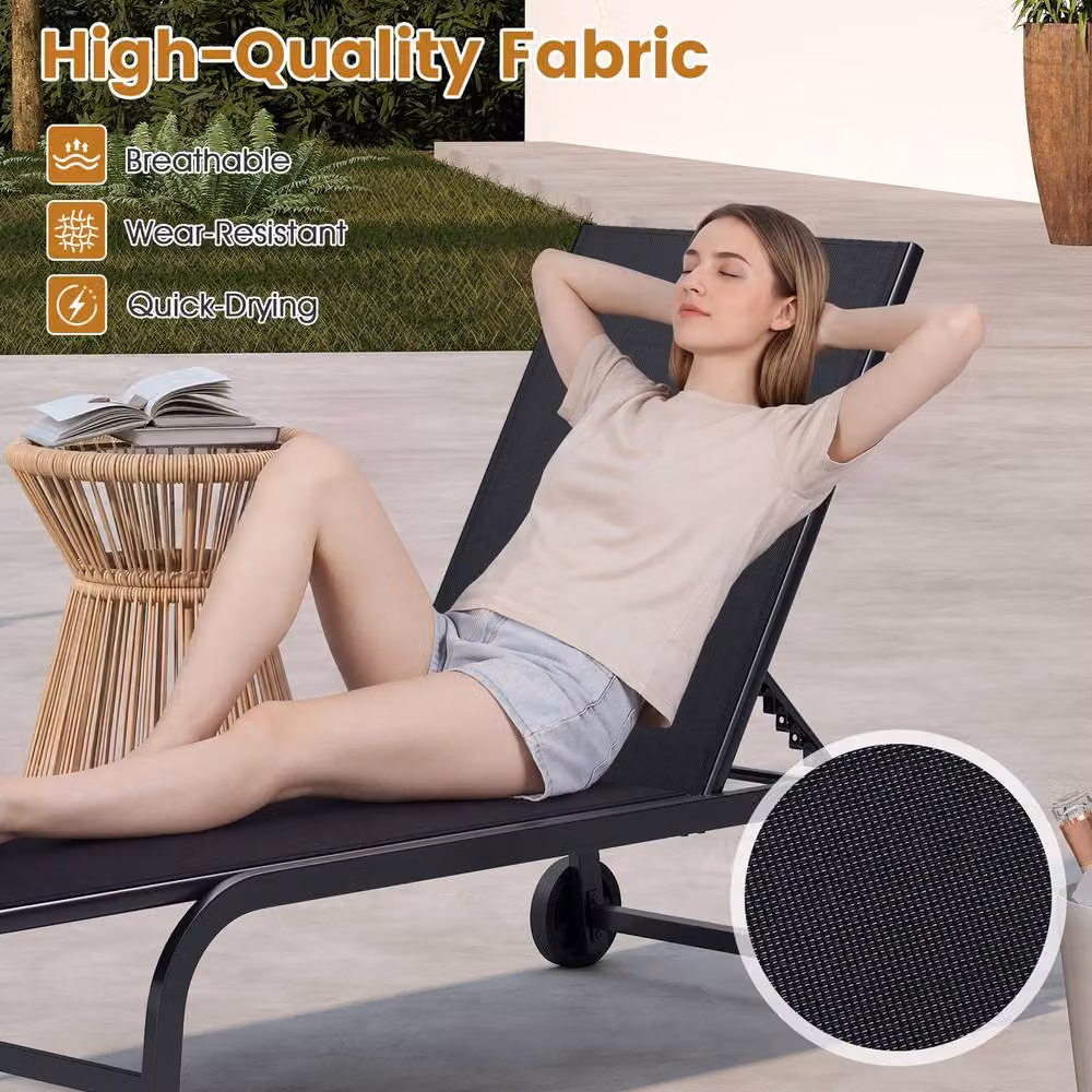 Costway Black 6-Position Reclining Chaise Lounge Chair with Wheels and 180 Degree Full Flat Function – 7