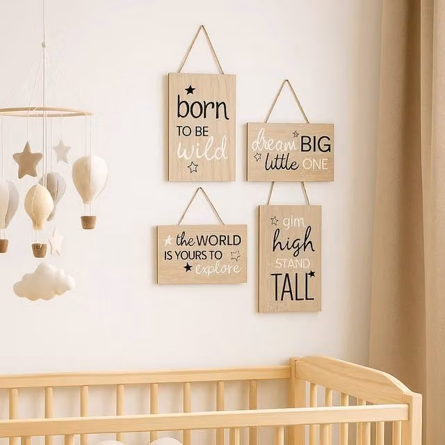 Marco Paul Brown Wooden Hanging Baby Wall Plaque Set with Stars and Typography