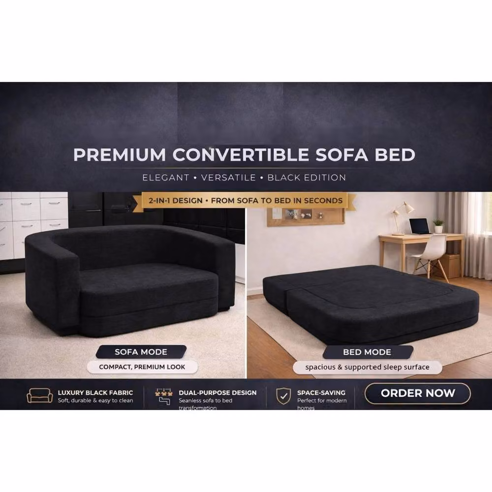 KDMD Emma Black 2 Seater Modern Upholstered Sofa Bed with Pull Out Drawer – 4