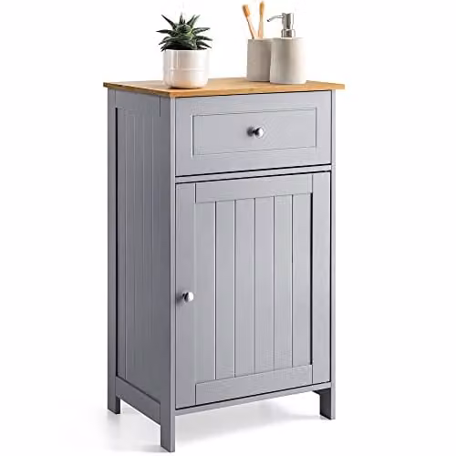 CHRISTOW Grey Bathroom Storage Cabinet with Bamboo Top, Drawers and Cupboard, W/D/H: 34.0 x 43.0 x 77.0 cm – 1