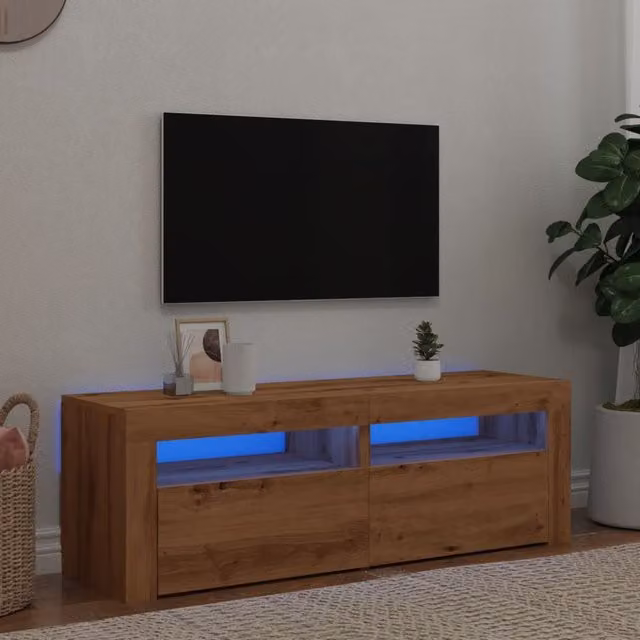 Berkfield Home Modern TV Cabinet with LED Lights in Artisan Oak Brown, W/D/H: 120 x 40 x 35 cm – 1