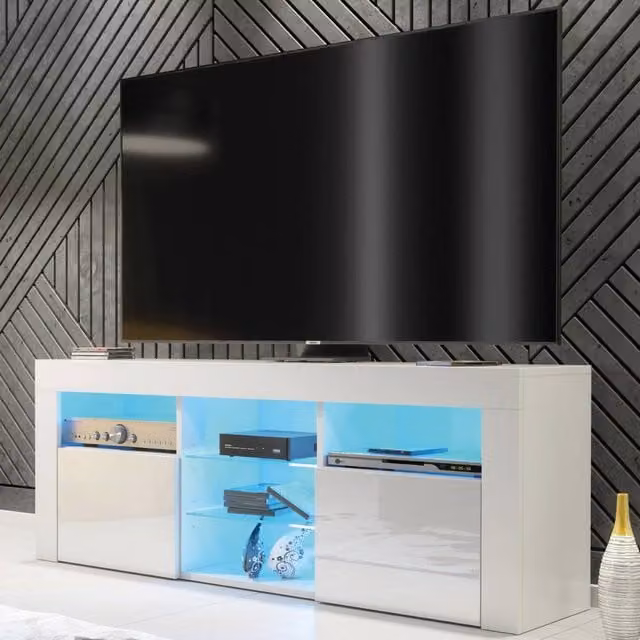 Creative Furniture Pulse TV Unit in White with Glossy Doors and LED Lights, W: 145 cm, H: 53 cm, D: 35 cm