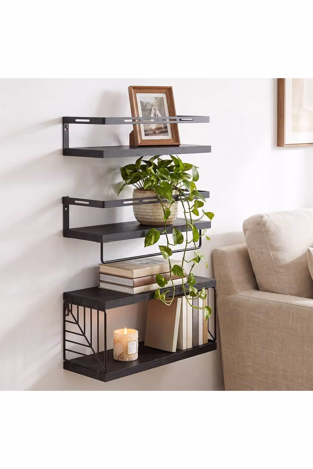 Living and Home Wall-Mounted Floating Shelves Storage Organiser with Hanging Rod in Black Rustic Wood and Metal – 2