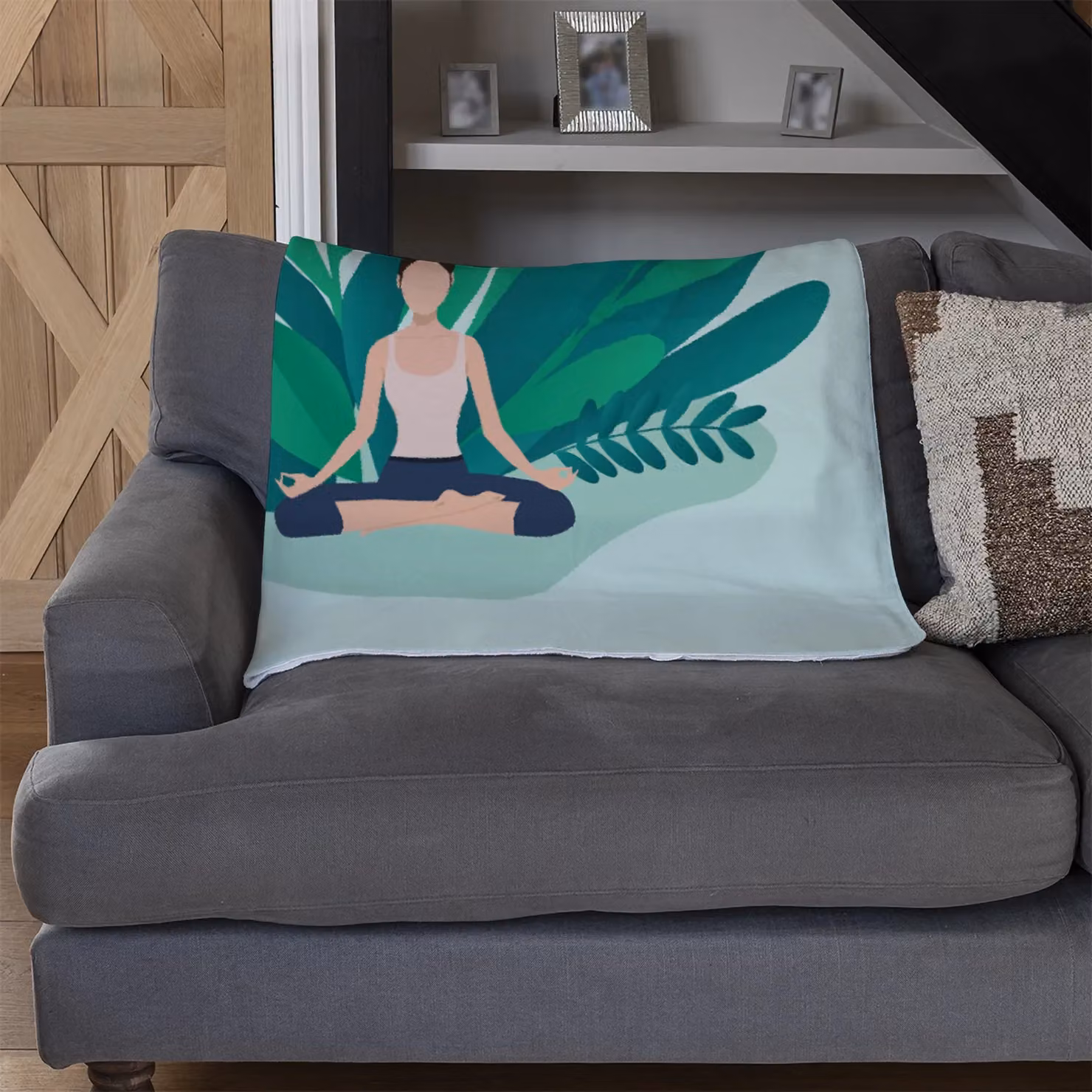Benjamin Tate Design Woman Meditating Fleece Blanket in Green, Beige and Multicolour, W/D/H: 120 x 150 cm – 3