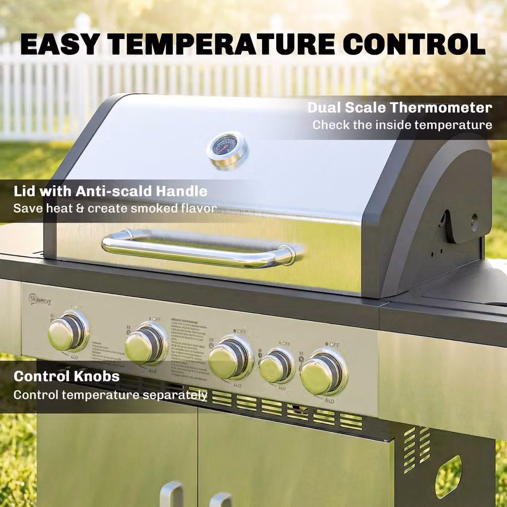 OUTSUNNY 4+1 Burner Gas BBQ Grill with Side Burner, Warming Rack and Thermometer in Silver, W/D/H: 130 x 110 x 110 cm – 5