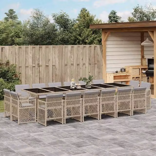 Berkfield Home 17 Piece Garden Dining Set with Beige Cushions and Poly Rattan