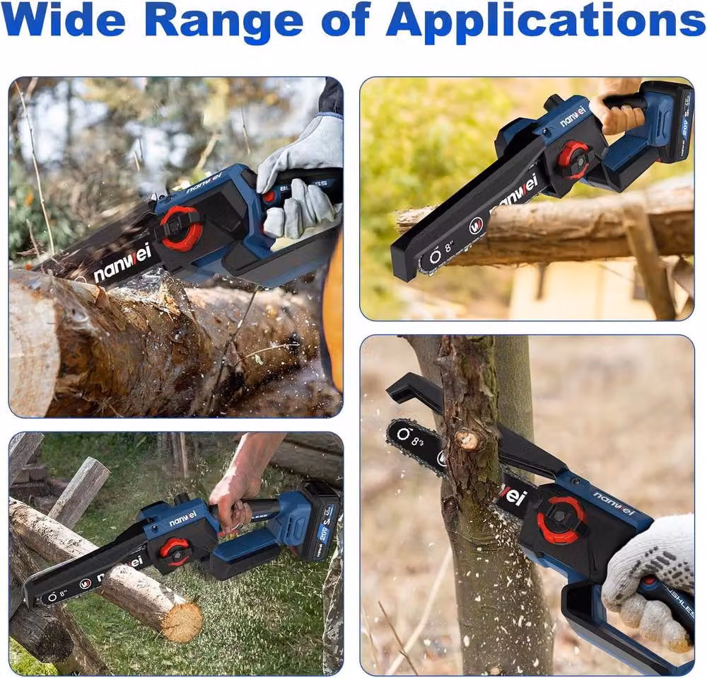 NANWEI 8 Inch Cordless Mini Chainsaw in Blue and Multicolour with 2 Batteries and 2 Chains – 8