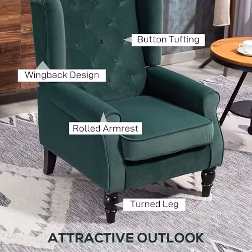HOMCOM Retro Green Velvet Wingback Accent Chair with Solid Wood Frame, W/D/H: 74 x 102 x 86 cm – 4